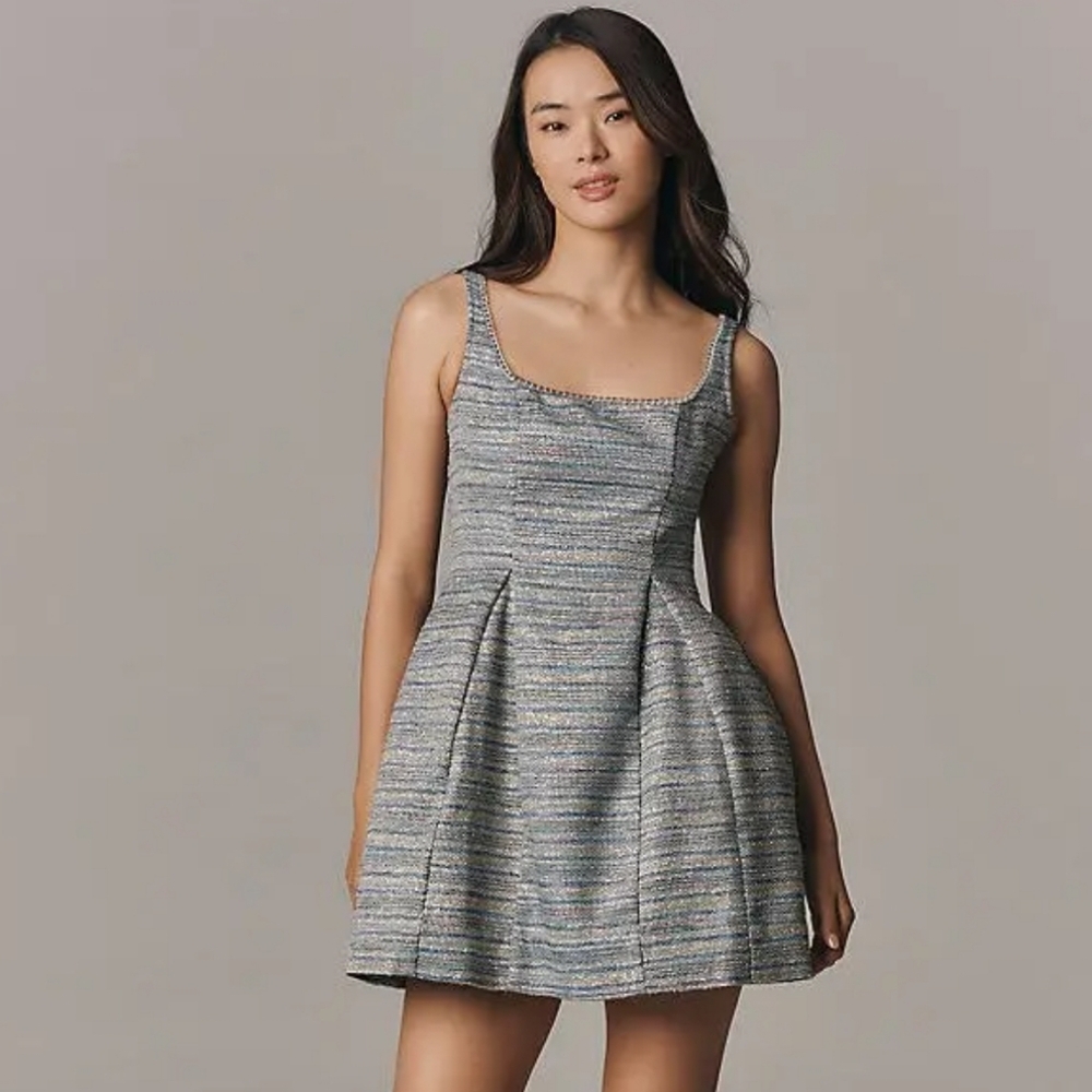 NWT Anthropologie × Maeve Square Neck Tweed Fit & Flare Mini Dress Silver Blue 6